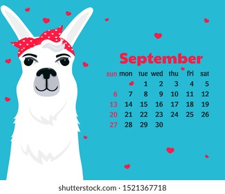 Calendar for September 2020. Week start on Sunday. Cute llama in head scarf in pin-up style. Funny animal.