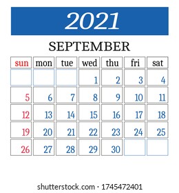 Calendar for september 2021 isolated on a white background. Sunday to Monday, business template. Vector illustration