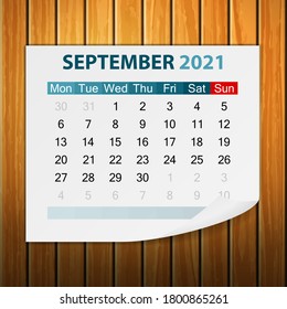 Calendar September 2021 on wood background. Vector illustration.