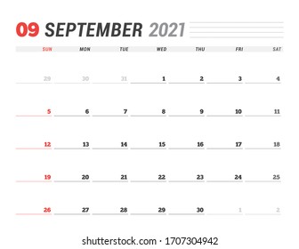 Calendar for September 2021. Stationery design. Week starts on Sunday. Vector illustration