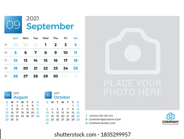 Calendar for September 2021. Vector design print template with place for photo. Week starts on Sunday. 3 months on page