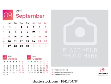 Calendar for September 2021. Vector design print template with place for photo. Week starts on Monday. 3 months on page