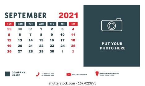Calendar for September 2021. Week starts on Sunday. Calendar template design with Place for Photo and Company Logo. Vector illustration.