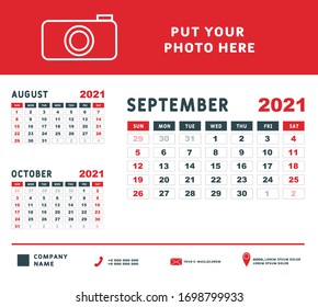 Calendar for September 2021. Week starts on Sunday. Calendar template design with Place for Photo and Company Logo. Vector illustration.