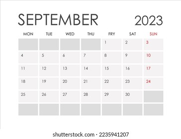 Calendar for September 2023 in a minimalistic style.Starting from Monday.