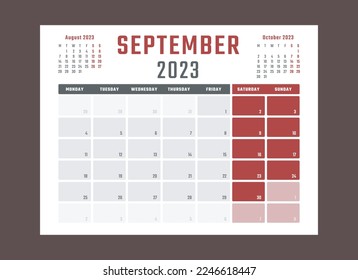 calendar for september 2023 starts monday, vector calendar design september 2023 year