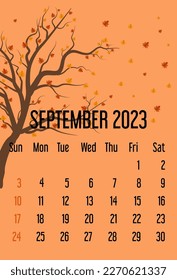 calendario de septiembre de 2023. plantilla de calendario con hojas caídas. concepto de otoño. fondo aislado de color naranja claro. la semana comienza el domingo