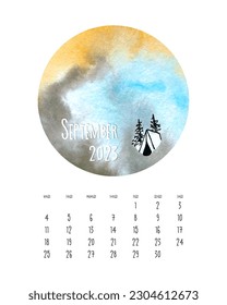 Calendar September 2023 with watercolor circle background. . Vector illustration