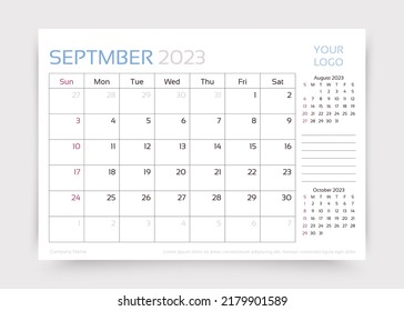 Calendar for September 2023 year. Planner calender template. Week starts Sunday. Desk monthly organizer. Table schedule grid. Timetable layout. Corporate diary. Vector simple illustration. Paper size 