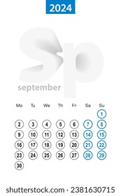 Calendar for September 2024, blue circle design. English language, week starts on Monday. Vector template.