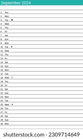 calendar of September 2024 in English language