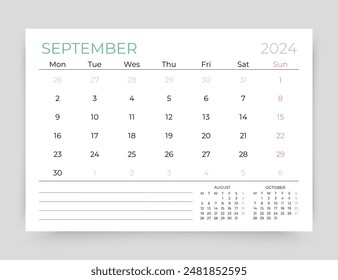 Calendario para septiembre de 2024 año. Plantilla del calendario del planificador. La semana empieza el lunes. Organizador mensual de escritorio. Programar cuadrícula. Diseño de horarios. Vector ilustración simple. Corporativa diario. Tamaño de papel A5