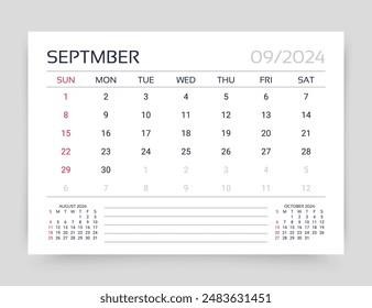 Calendar for September 2024 year. Planner calender template. Week starts Sunday. Desk monthly organizer. Table schedule grid. Timetable layout. Vector illustration. Paper size A5. Simple design.