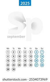 Calendar for September 2025, blue circle design. English language, week starts on Monday. Vector template.