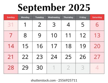 Calendar for September 2025. Design vector illustration. English page of the autumn month