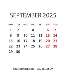 Calendar september 2025 icon in flat style. Planner vector illustration on isolated background. Calender sign business concept.