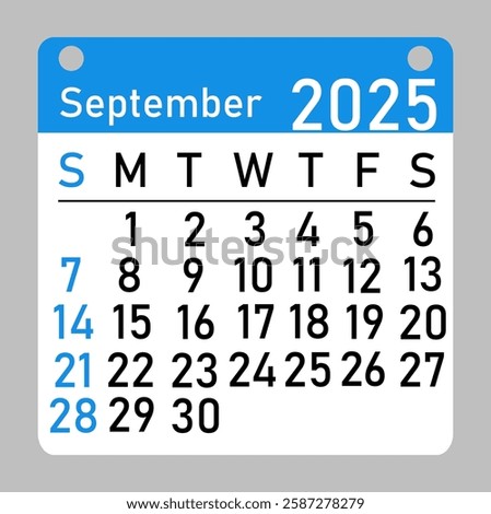 Calendar September 2025 icon in flat style. The week begins on Sunday, with concepts of time, planning, and scheduling, along with a removable calendar for the month. Flat design. 