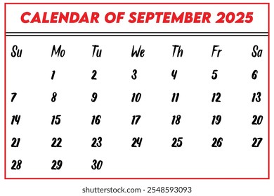 CALENDAR OF SEPTEMBER 2025. MONTHLY CALENDAR.
