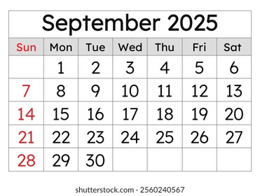 Calendar for september 2025. Simple vector illustration. English page of the autumn month