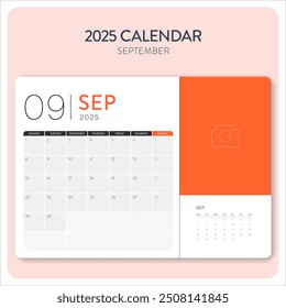 Kalender September 2025 Template Vektor. Schreibtisch, Wandkalander für Druck, Digitalplaner. Die Woche beginnt am Montag. Design-Elemente für Jahreskalender. Kreativer Business Monatskalender. Monatlich