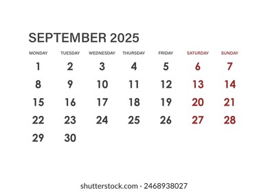 Calendar for September 2025. The week starts on Monday