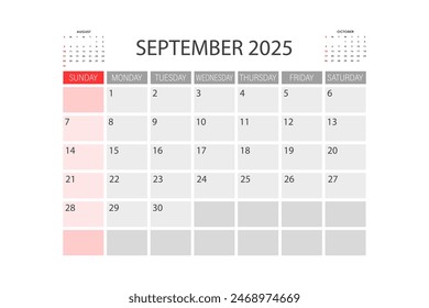 Calendar for September 2025. The week starts on Sunday.