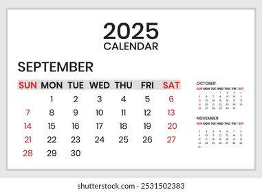 Calendar for September 2025. Week starts from Monday. Business and personals planer Vector illustration