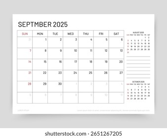 Calendário para setembro de 2025 ano. Modelo de calendário do planejador. A semana começa domingo. Grade de agendamento de tabela. Organizador mensal da mesa. Layout do cronograma. Ilustração vetorial. Tamanho de papel A5. Design simples.