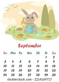Calendar September. Cute rabbit. An image of a cartoon rabbit with a bucket of carrots. Rabbit collects carrots in the garden. Autumn illustration. Vector