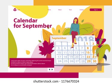 Calendar for September, girl sitting at the top, autumn leaves on the background.The main landing page of the website