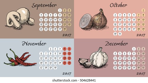 Calendar for September, October, November and December 2017 with freehand illustrations of organic products