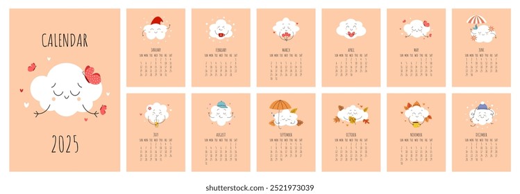 Calendar set 12 months 2025 design. With cute clouds with smiling faces. Vector illustration