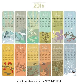 Calendar set for 2016 with vertical banners or cards. Week starts on Sunday.