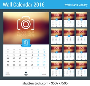 Calendar Set for 2016 Year. Vector Stationery Design Print Template. Week Starts Monday. 12 Pages