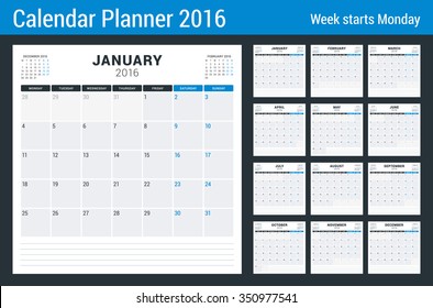 Calendar Set for 2016 Year. Vector Stationery Design Print Template. Week Starts Monday. 12 Pages