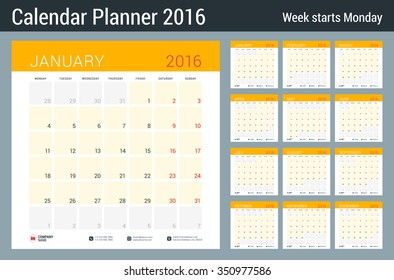 Calendar Set for 2016 Year. Vector Stationery Design Print Template. Week Starts Monday. 12 Pages