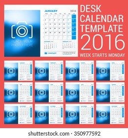 Calendar Set for 2016 Year. Vector Stationery Design Print Template. Week Starts Monday. 12 Pages