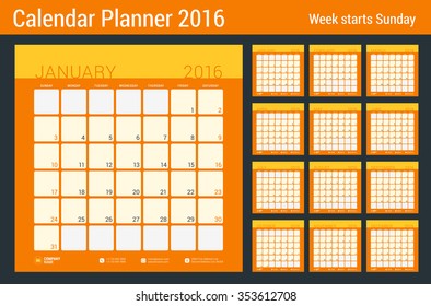 Calendar Set for 2016 Year. Vector Stationery Design Print Template. Week Starts Sunday. 12 Pages