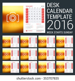 Calendar Set for 2016 Year. Vector Stationery Design Print Template. Week Starts Sunday. 12 Pages