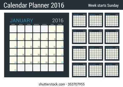 Calendar Set for 2016 Year. Vector Stationery Design Print Template. Week Starts Sunday. 12 Pages