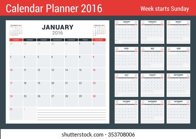 Calendar Set for 2016 Year. Vector Stationery Design Print Template. Week Starts Sunday. 12 Pages