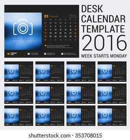 Calendar Set for 2016 Year. Vector Stationery Design Print Template. Week Starts Sunday. 12 Pages