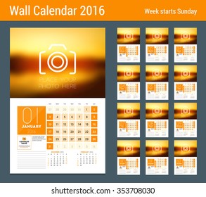 Calendar Set for 2016 Year. Vector Stationery Design Print Template. Week Starts Sunday. 12 Pages