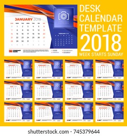 Calendar set for 2018 year. Design template with abstract background. Place for photo. Two months on the page. Week starts on Sunday. Vector Illustration