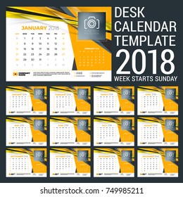 Calendar set for 2018 year. Design template with abstract background. Place for photo. Yellow and black colors. Two months on the page. Week starts on Sunday. Vector Illustration