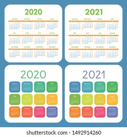 Calendar set 2020 and 2021. Square vector calender design template. English colorful collection. Week starts on Sunday. New year