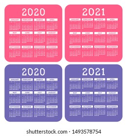 Calendar set 2020 and 2021. Square vector calender design template. English color collection. Week starts on Sunday. New year