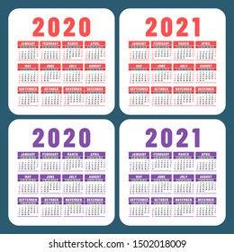 Calendar set 2020 and 2021. Square vector calender design template. English color collection. Week starts on Sunday. New year