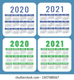 Calendar set 2020 and 2021. Square vector calender design template. English color collection. Week starts on Sunday. New year