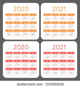 Calendar set 2020 and 2021. Square vector calender design template. English color collection. Week starts on Sunday. New year
